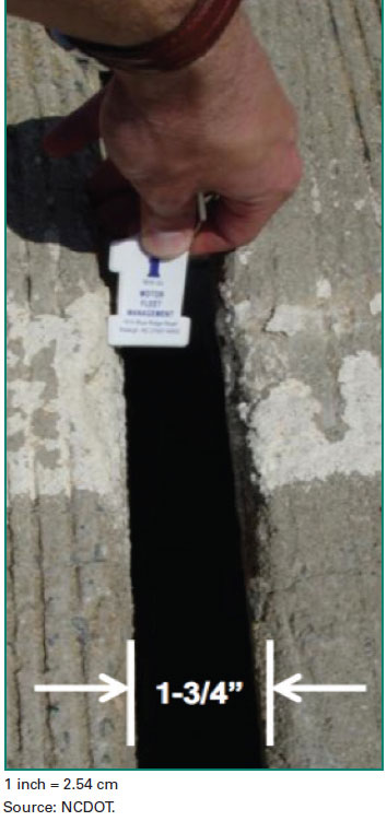 Figure 12. Photo. Yadkin River Bridge superstructure distress. The photo shows an example of superstructure distress at the Yadkin River Bridge 91 in North Carolina. The photo shows a close-up of a concrete joint separation. The figure uses lines and arrows to measure the joint separation as 1¾ inches and a text box stating “Joint Separation.”