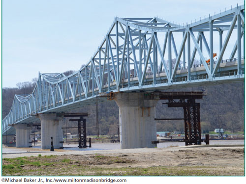 Figure 5. Photo. The Milton-Madison Bridge after the new steel truss superstructure was laterally moved from temporary piers to permanent refurbished piers. The figure is a photo of the Milton-Madison Bridge that links Milton, KY, and Madison, IN. The photo is taken at a long distance from the bridge, with the photographer standing on the river bank. The photo shows four spans of the bridge crossing the river. The photo also shows the steel truss bridge over four wall-type piers. Next to the piers, the photo shows temporary steel, vertical structures, each connected to the piers from three sides. Over the top of the temporary piers, a horizontal ramp type structure is shown that is level with the pier caps.