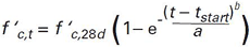 f prime subscript c,t equals f prime subscript c,28d times open parenthesis 1 minus e raised to the power of negative open parenthesis t minus t subscript start divided by a closed parenthesis raised to the power of b closed parenthesis.