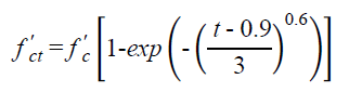 The equation calculates f prime subscript ct as t minus 0.9 and divide by 3; raise the answer to the power of 0.6: multiply by minus 1; take the exponent; subtract from 1; and multiply by f prime subscript c.