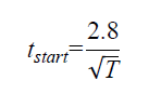 The equation calculates t subscript start as 2.8 divided by the square root of T.