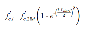 The equation calculates f prime subscript ct as t minus t subscript start and divide by a; raise the answer to the power of b: multiply by minus 1; take the exponent; subtract from 1; and multiply by f prime subscript c, 28d.