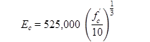 E subscript c equals 525,000 times f prime subscript c divided by 10 raised to the power of one third in psi units.