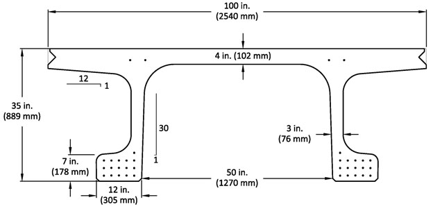 This plot shows the cross-sectional dimension and the strand layout in the bulb for a 35-inch- (889-mm)-deep girder that is able to accommodate a maximum span length of 80 ft (24.4 m). This plot and plots below are made based on the assumption that the compressive strength of the UHPC is 29.0 ksi (200 MPa) and the strength of the prestress strands is 270.0 ksi (1,862 MPa) with a 183.8 ksi (1,267 MPa) effective prestress. (Elastic shortening is not included.)