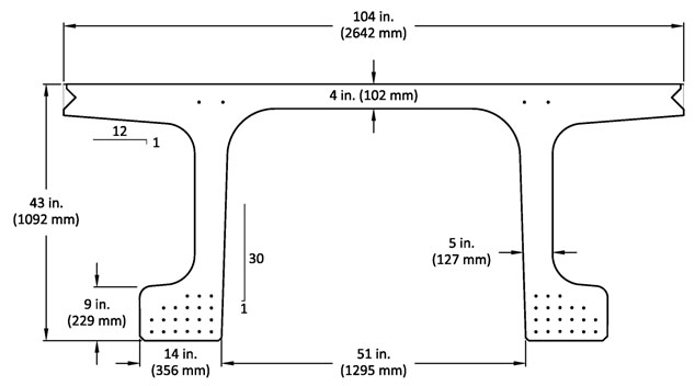 This plot shows the cross-sectional dimension and the strand layout in the bulb for a 43-inch (1,092.2-mm)-deep girder that is able to accommodate a maximum span length of 105 ft (32.0 m).