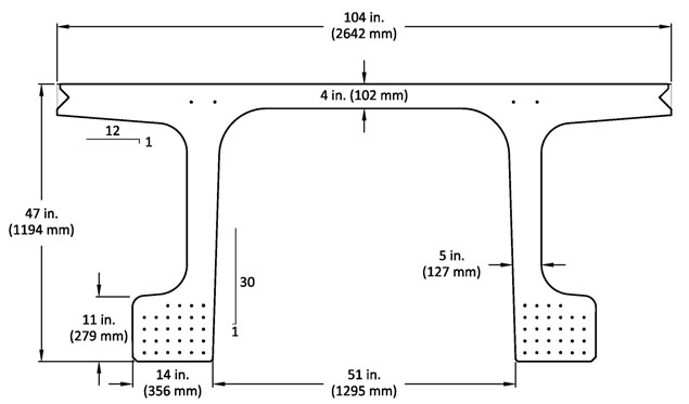 This plot shows the cross sectional dimension and the strand layout in the bulb for a 47-inch (1,193.8-mm)-deep girder that is able to accommodate a maximum span length of 135 ft (41.1 m).