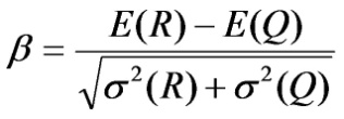 Figure 17. Equation. Reliability Index. beta equals E open parenthesis R close parenthesis minus E open parenthesis Q close parenthesis divided by the square root of sigma superscript 2 open parenthesis R close parenthesis plus sigma superscript 2 open parenthesis Q close parenthesis.