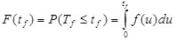Figure 33. Equation. Cumulative Time Probability of Failure, One Random Variable. F open parenthesis t subscript f close parenthesis equals P open parenthesis T subscript f less than or equal to t subscript f close parenthesis equals the integral from 0 to t subscript f of f open parenthesis u close parenthesis times du.