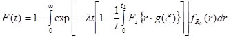 Figure 34. Equation. Cumulative Time Probability of Failure, Time-Variant Resistance and Load. F open parenthesis t close parenthesis equals 1 minus the integral from zero to infinity of exponential open bracket negative lambda times t open bracket 1 minus 1 divided by t times the integral from 0 to t subscript L of F subscript s open curly bracket r times g open parenthesis zeta close parenthesis close curly bracket close bracket close bracket times f subscript R subscript 0 open parenthesis r close parenthesis times dr.