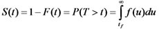 Figure 35. Equation. Cumulative Time Probability of Survival. S open parenthesis t close parenthesis equals 1 minus F open parenthesis t close parenthesis equals P open parenthesis T greater than t close parenthesis equals the integral from t subscript f to infinity of f open parenthesis u close parenthesis times du.