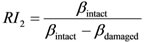 Figure 41. Equation. Probabilistic Redundancy Index 2. RI subscript 2 equals beta subscript intact divided by beta subscript intact minus beta subscript damaged.