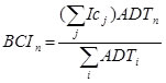 Figure 8. Equation. South Africaâ€™s BCI. BCI subscript n equals open parenthesis sum subscript j times sum of Ic subscript j close parenthesis times ADT subscript n divided by sum subscript i ADT subscript i. 