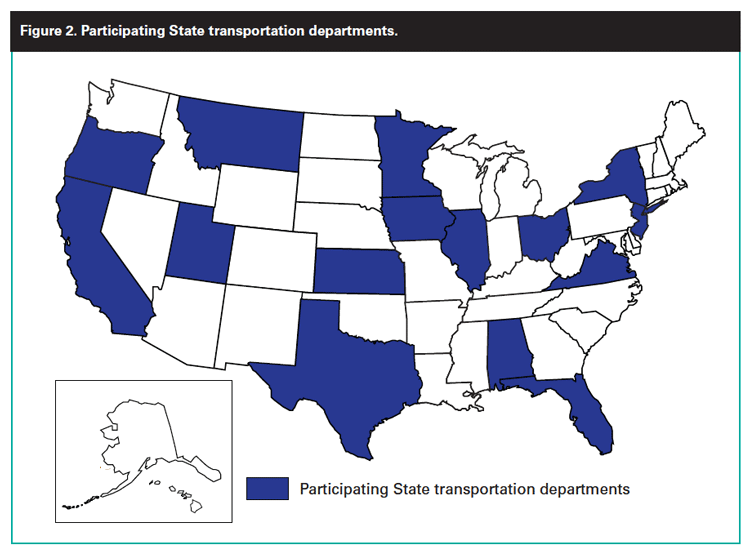 Figure 2. Map. Participating State transportation departments. The map highlights the States where focus groups were held to collect information on bridge performance issues of concern, data needs, performance measures that the departments of transportation currently use, and what those departments saw as desired outcomes of the Long-Term Bridge Performance Program. Highlighted States are Alabama, California, Florida, Illinois, Iowa, Kansas, Minnesota, Montana, New Jersey, New York, Ohio, Oregon, Texas, Utah, and Virginia.