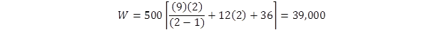 Figure 2. Equation. Example calculation of the weight limit for a tandem axle by using the Federal Bridge Formula.  W equals 500 times open bracket open parenthesis 9 closed parenthesis times open parenthesis 2 closed parenthesis all divided by open parenthesis 2 minus 1 closed parenthesis plus 12 times open parenthesis 2 closed parenthesis plus 36 closed bracket which equals 39,000.