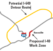 Drawn map of I-40 east of downtown Knoxville, Tennessee.