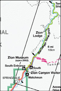 Map of roads affected in Zion National Park.