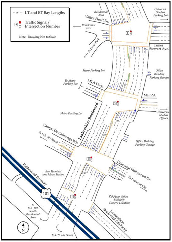 Figure 1.  The schematic drawing shows the lane configurations, lane directions, left- and right-turn bay lengths,  traffic signals, cross streets, street names, building locations, and intersection configurations within the study area of Lankershim Boulevard. 