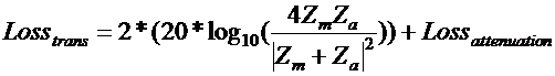 Loss subscript trans equals 2 plus minus parenthesis 20 plus minus log subscript 10 parenthesis 4 Z subscript m Z subscript a over absolute value Z subscript m plus Z subscript a close absolute value close parenthesis close parenthesis plus Loss subscript attenuation 