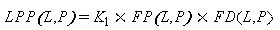 LPP open parenthesis L and P closed parenthesis equals K subscript 1 times FP open parenthesis L and P closed parenthesis times FD open parenthesis L and P closed parenthesis.