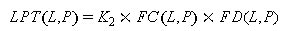 LPT open parenthesis L and P closed parenthesis equals K subscript 2 times FC open parenthesis L and P closed parenthesis times FD open parenthesis L and P closed parenthesis.