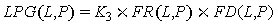 LPG open parenthesis L and P closed parenthesis equals K subscript 3 times FR open parenthesis L and P closed parenthesis times FD open parenthesis L and P closed parenthesis.