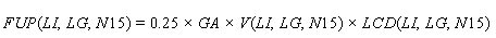 FUP open parenthesis LI, LG, and N15 closed parenthesis equals 0.25 times GA times V open parenthesis LI, LG, and N15 closed parenthesis times LCD open parenthesis LI, LG, and N15 closed parenthesis.