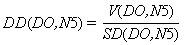 DD open parenthesis DO and N5 closed parenthesis equals V open parenthesis DO and N5 closed parenthesis divided by SD open parenthesis DO and N5 closed parenthesis.