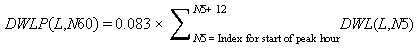 DWLP open parenthesis L and N60 closed parenthesis equals 0.083 times the sum of DWL open parenthesis L and N5 closed parenthesis from N5 equals index for start of peak hour to N5 plus 12.