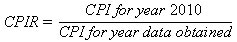 CPIR equals CPI for year 2010 divided by CPI for year data obtained.