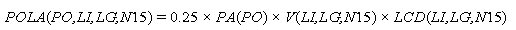 POLA open parenthesis PO, LI, LG, and N15 closed parenthesis equals 0.25 times PA open parenthesis PO closed parenthesis times V open parenthesis LI, LG, and N15 closed parenthesis times LCD open parenthesis LI, LG, and N15 closed parenthesis.