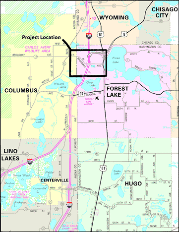 This figure shows a map of the I-35/Country State Aid Highway 2 (CSAH 2) study area in Washington County, MN. A black square outlines the project location on the map.