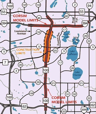 This figure shows a map of the State Trunk Highway 100 (TH 100) study area in Saint Louis Park, MN. Arrows point to model limits and construction limits.