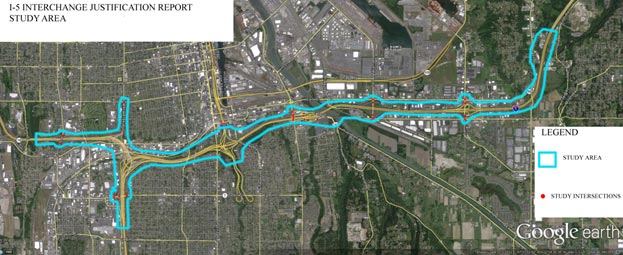 This figure shows a map of the I-5 study area in Tacoma, WA. A yellow dotted line indicates the study area, and red diamonds indicate the study intersections.