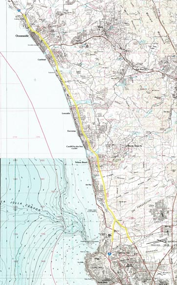 This figure shows a map of the I-5 study area in San Diego, CA. A yellow highlighted route indicates the limits of the modeling.