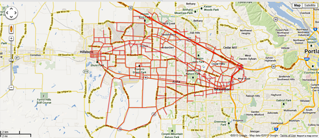 This figure snows a network of an area west of Portland, OR, plotted using Google Maps®.