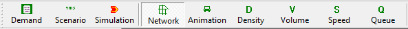 This figure shows a screen capture of NeXTA toolbar visualization options, which include buttons for demand, scenario, simulation, network, animation, density, volume, speed, and queue.