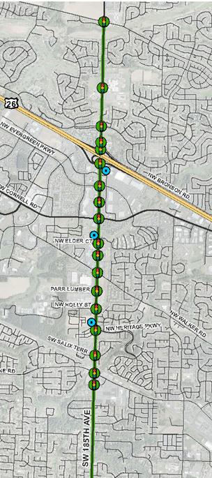 This illustration shows the NW 185th Avenue arterial test network area. The corridor is aligned in a north-south direction and includes 18 intersections with traffic signals. It also includes three locations where Bluetooth® data collection readers were placed along the corridor for data collection.