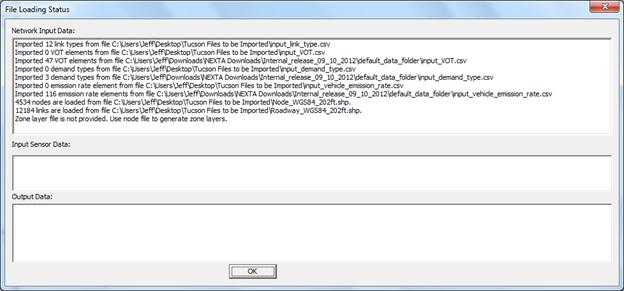 This figure shows a screenshot of a file loading status window depicting a list of imported elements after import completion.