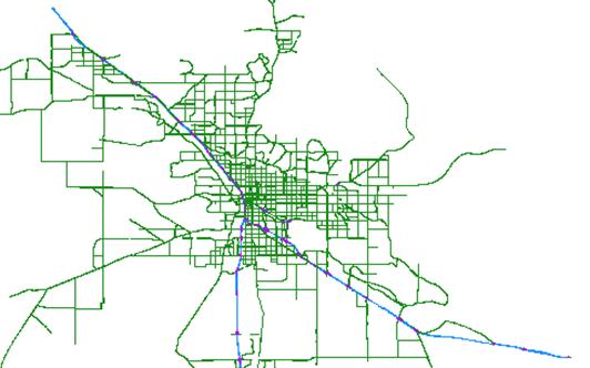 This figure shows a screenshot of the compiled model of the Tucson regional network as depicted by Network EXplorer for Traffic Analysis (NeXTA).