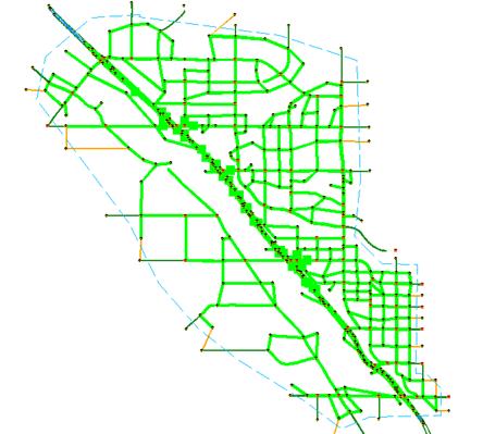 This figure shows a screenshot of the Tucson I-10 study area with the network objects (nodes and links) outside of the subarea boundary and extracted links, nodes, zones, origin-destination pairs, and subarea path records cropped out.