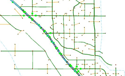This figure shows a screenshot of the Tucson I-10 subarea field data sensor locations for origin-destination matrix estimation (ODME) in Dynamic traffic assignment (DTA)Lite. Sensors are represented as green squares on the display.