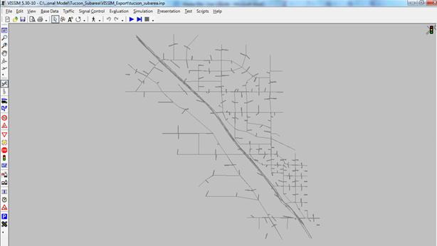 This figure shows a screen capture of the Tucson I-10 subarea network as depicted in PTV Vissim®.