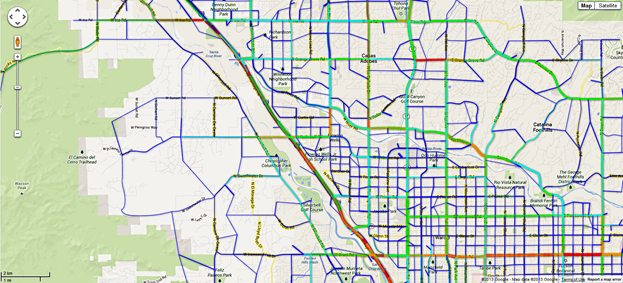 This figure shows a screen capture of the Tucson I-10 subarea measure of effectiveness (MOE) network with a color-coded display. Line widths increase with increasing volume, and the line color varies by the volume-to-capacity ratio (red = high and green = low).