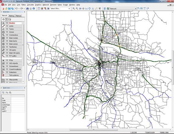 This figure shows a screen capture of the Portland travel demand model (TDM) as depicted in PTV Visum®.