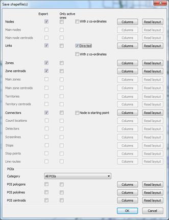 This figure shows a screen capture of the shape file export options users may select in PTV Visum®.