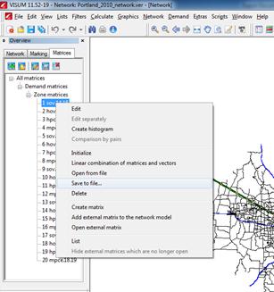 This figure shows a screenshot of the process to save demand matrices in PTV Visum® that are to be imported into Network EXplorer for Traffic Analysis (NeXTA).