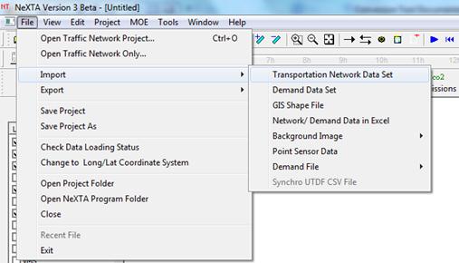 This figure shows a screenshot depicting the file import options location in the Network EXplorer for Traffic Analysis (NeXTA) menu system.