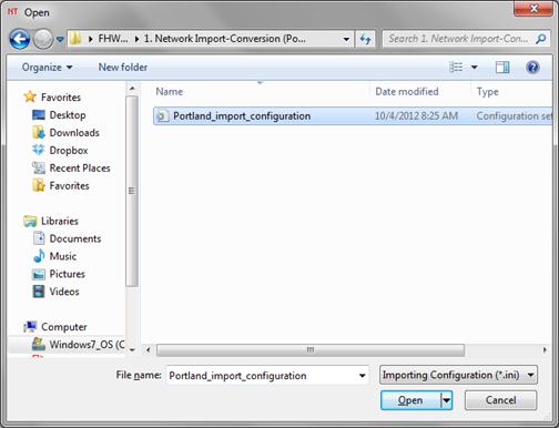 This figure shows a screenshot depicting the file open window in Network EXplorer for Traffic Analysis (NeXTA) with an import configuration initialization (INI) file selected.
