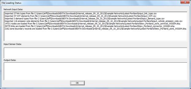 This figure shows a screenshot depicting the file loading status window with a list of imported network input data elements.