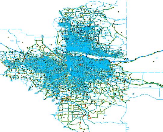 This figure shows a screenshot of the final imported Portland network as depicted by the Network EXplorer for Traffic Analysis (NeXTA)/dynamic traffic assignment (DTA)Lite system.